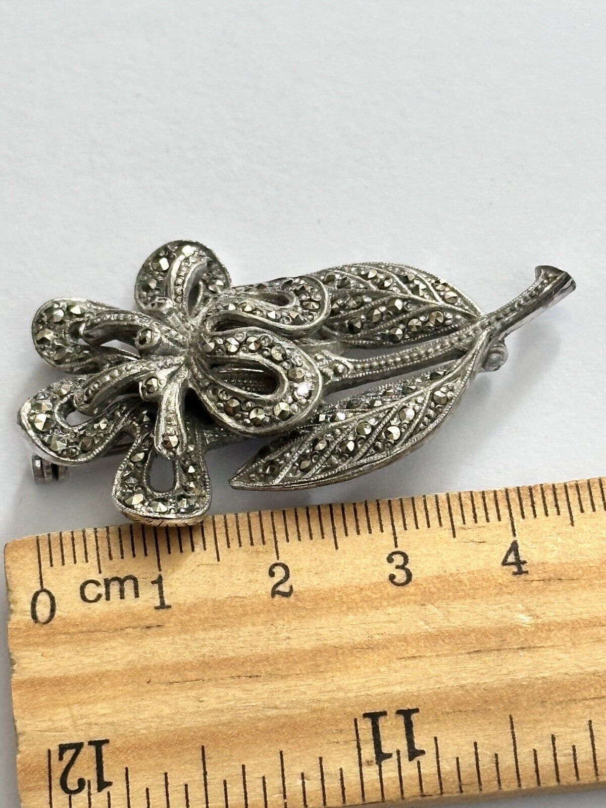 Vintage Silver Tone Marcasite Flower Brooch