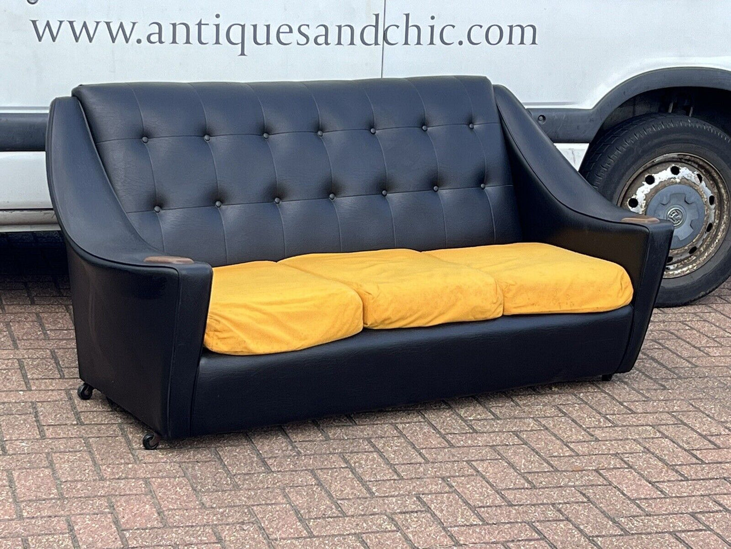 Black Mid Century 3 Seater Settee Sofa & 2 Matching Armchairs.