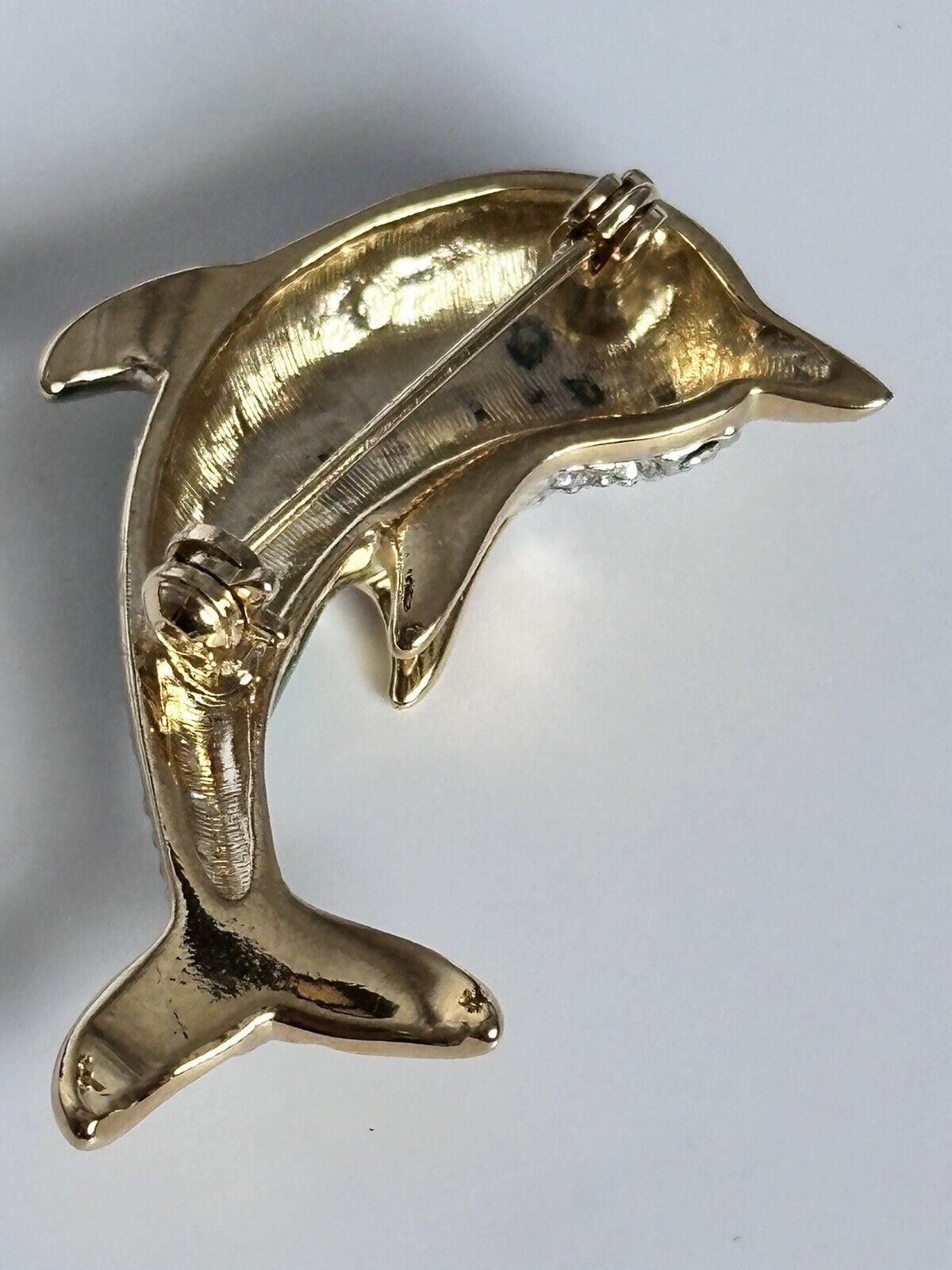 Vintage Gold Plated Blue Green Enamel Diamanté Dolphin Brooch