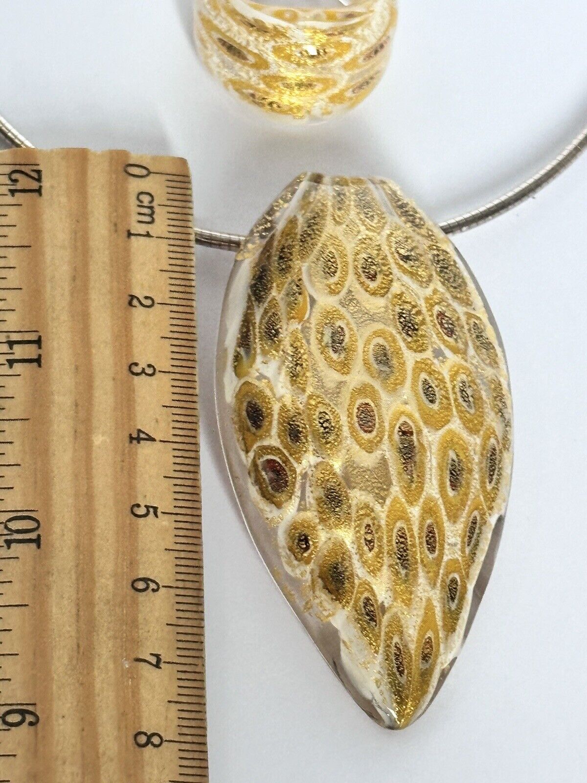 Vintage Gold Murano Glass Pendant On Sterling Silver Chain Matching Ring Set