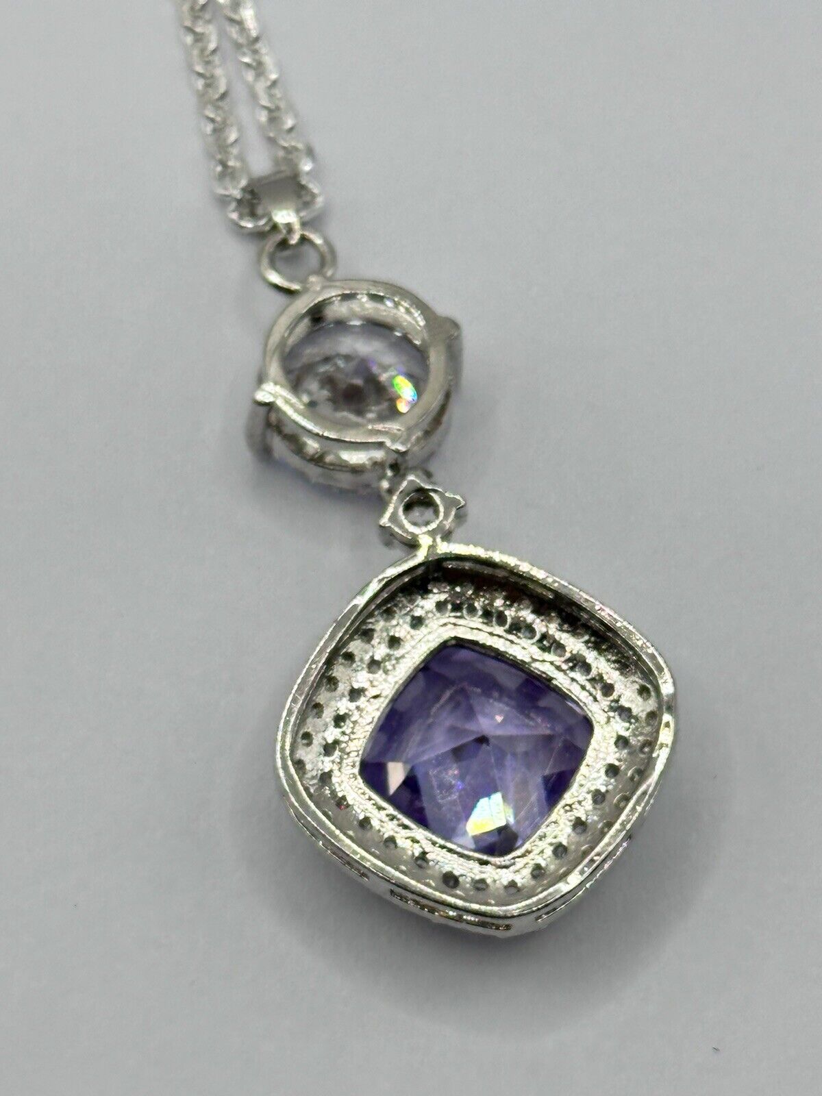 Rhodium Plated Necklace Made With Clear Purple Swarovski Crystals New Old Stock