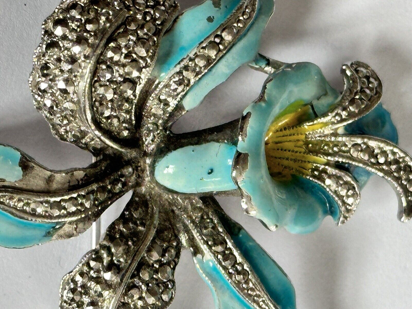Vintage Turquoise Enamel Marcasite Flower Brooch