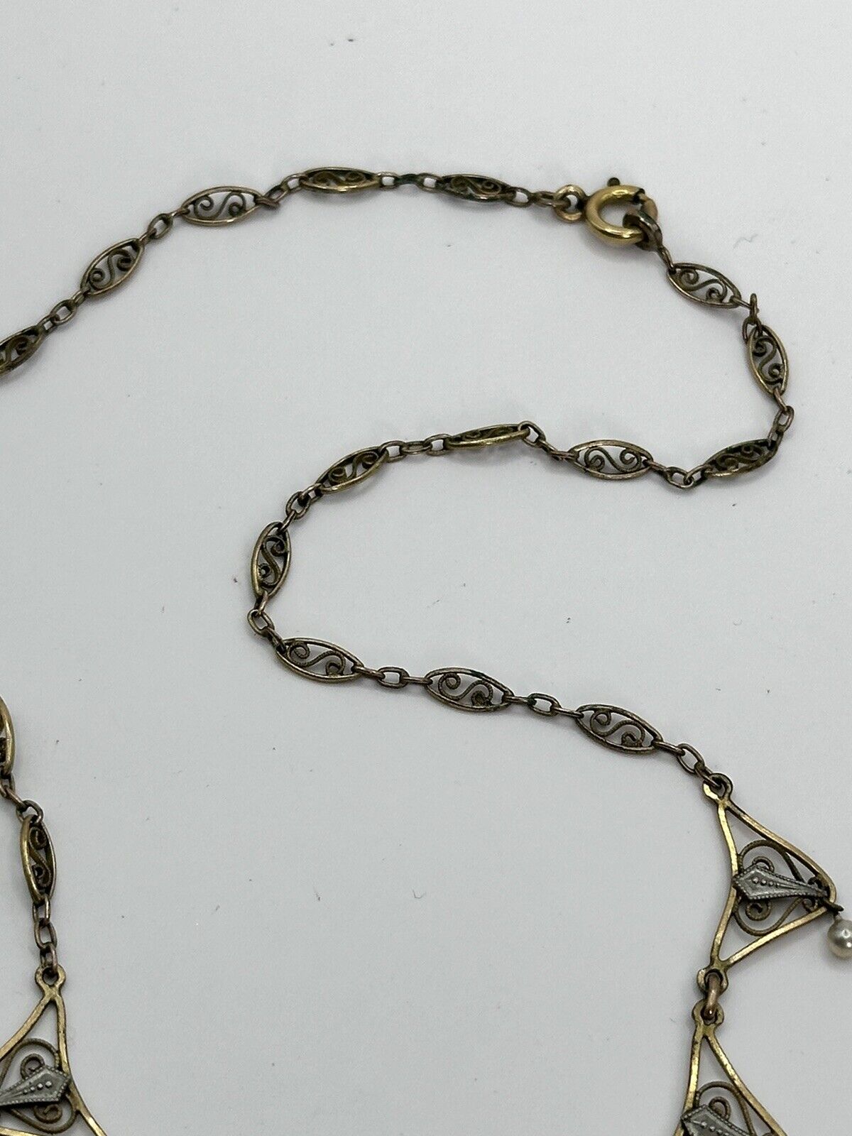 Vintage Gold Silver Tone Cut Out Faux Pearl Drop Necklace
