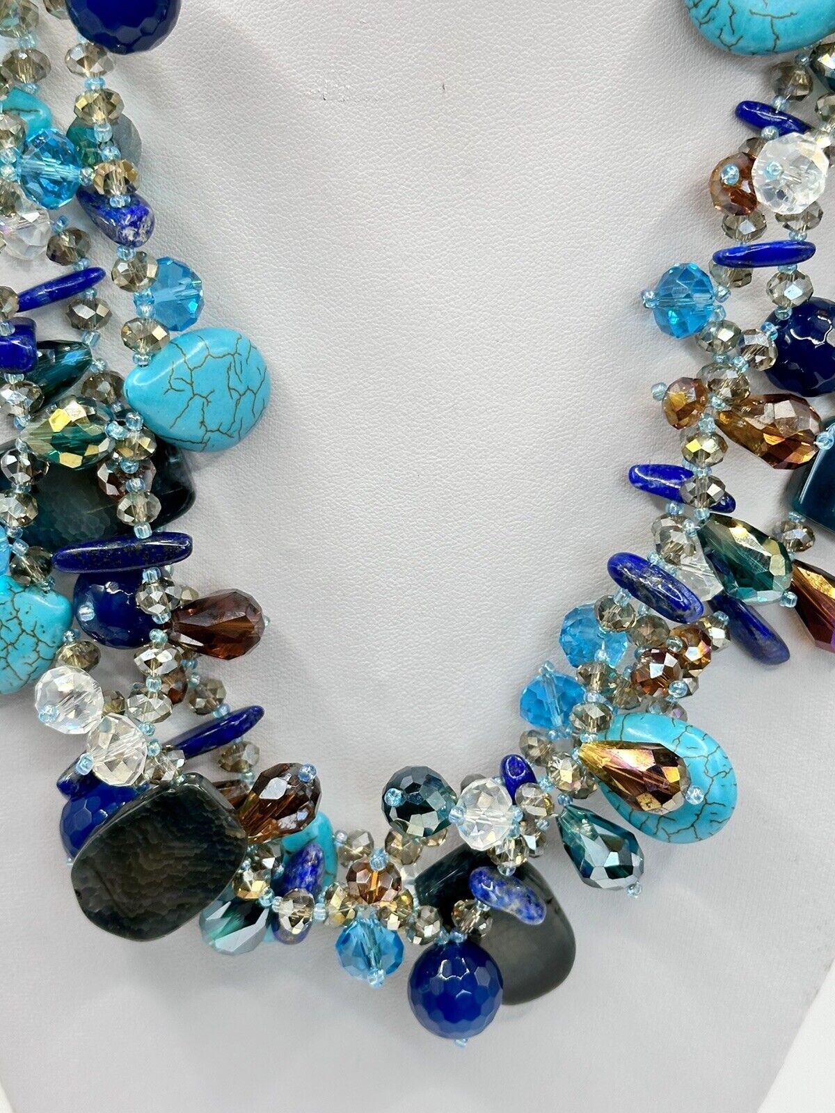 Turquoise Lapis Lazuli Natural Stone Crystal Statement Necklace Silver 925 Clasp