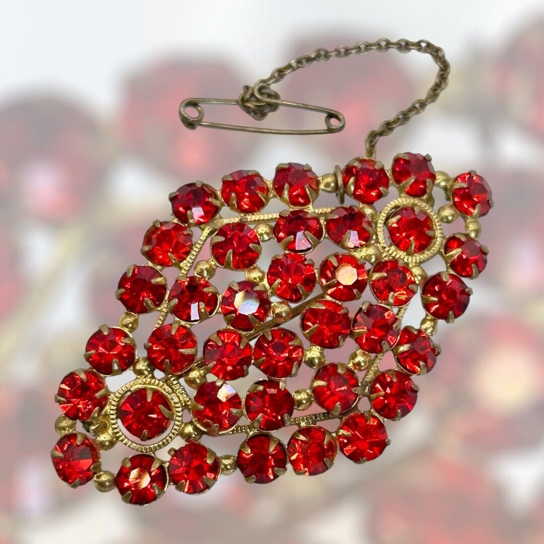 Vintage Gold Tone Red Czech Crystal Brooch Safety Chain