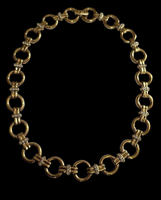 Vintage 1980s Gold Plated Diamanté Hoop Link Necklace