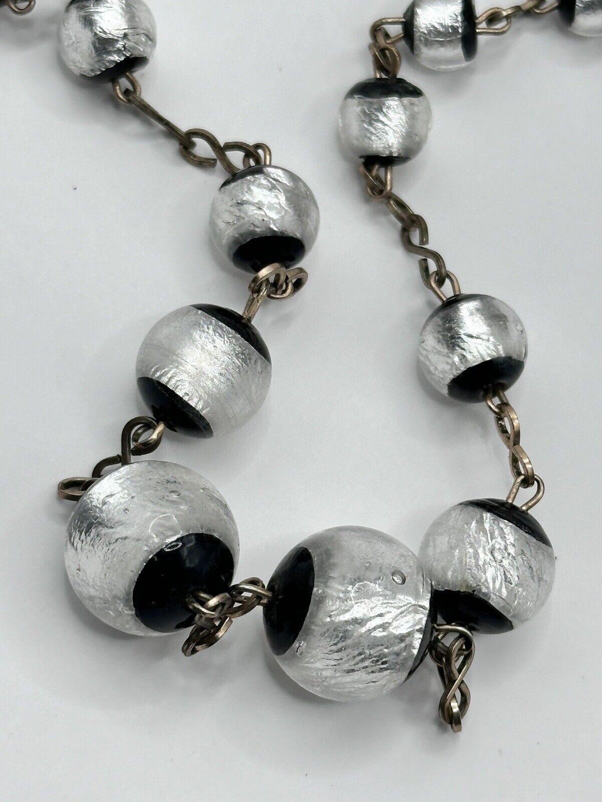 Vintage Deco Foiled Czech Glass Silver Black On Rolled Gold Chain