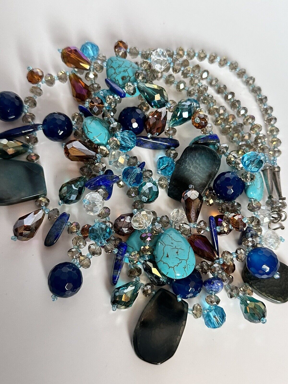 Turquoise Lapis Lazuli Natural Stone Crystal Statement Necklace Silver 925 Clasp