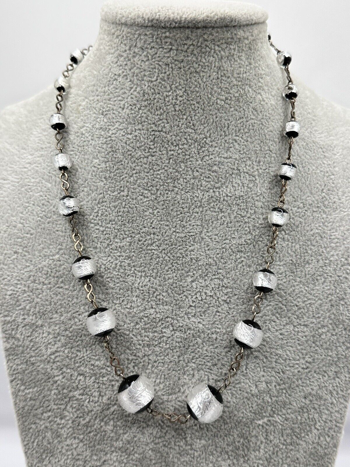 Vintage Deco Foiled Czech Glass Silver Black On Rolled Gold Chain