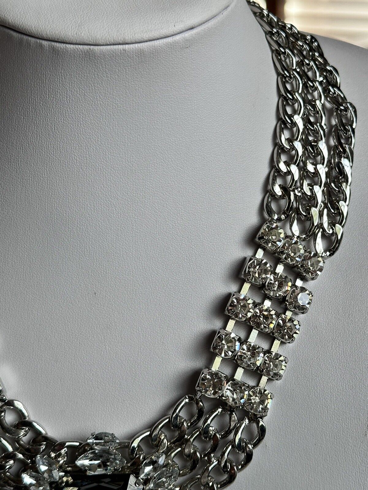 Vintage Silver Tone Chain Link Diamanté Statement Necklace