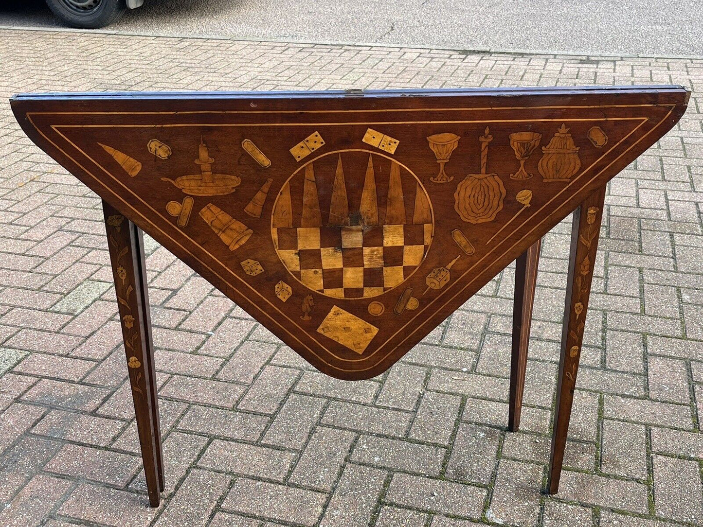 Antique Dutch Marquetry Games Table With Fold Over Lid And Card playing area