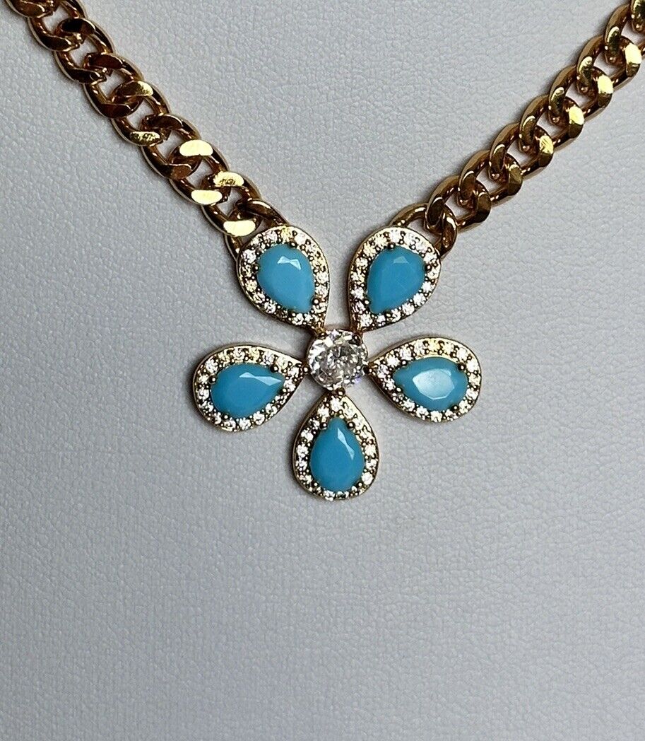 Vintage Gold Plated Faux Turquoise Diamanté Flower Necklace