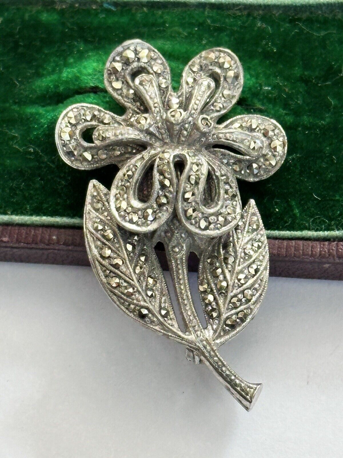 Vintage Silver Tone Marcasite Flower Brooch