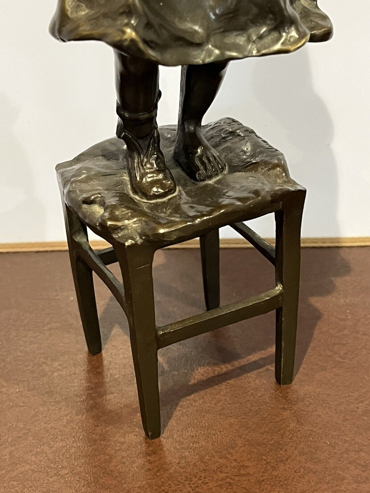 Signed Bronze Figure Of A Girl Standing On A Chair