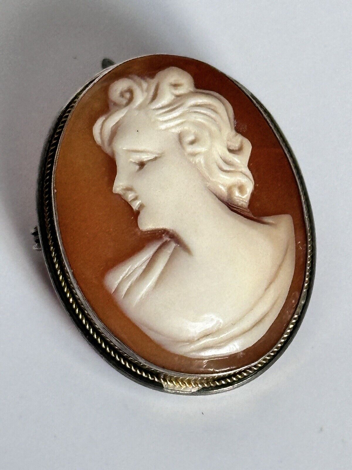 Vintage Silver Shell Carved Cameo Brooch Pendant Stamped 800