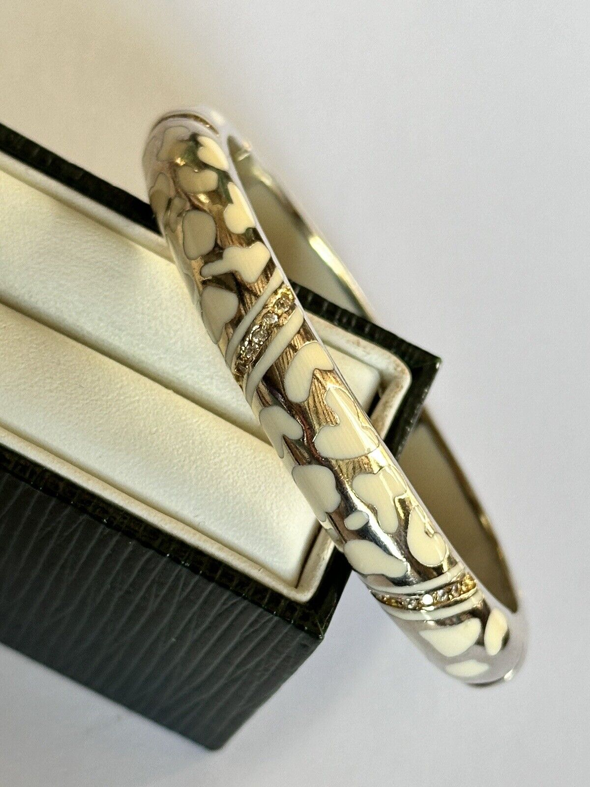Designer Andrew Hamilton Crawford Gold Wash Cream Enamel Diamanté Hinged Bangle