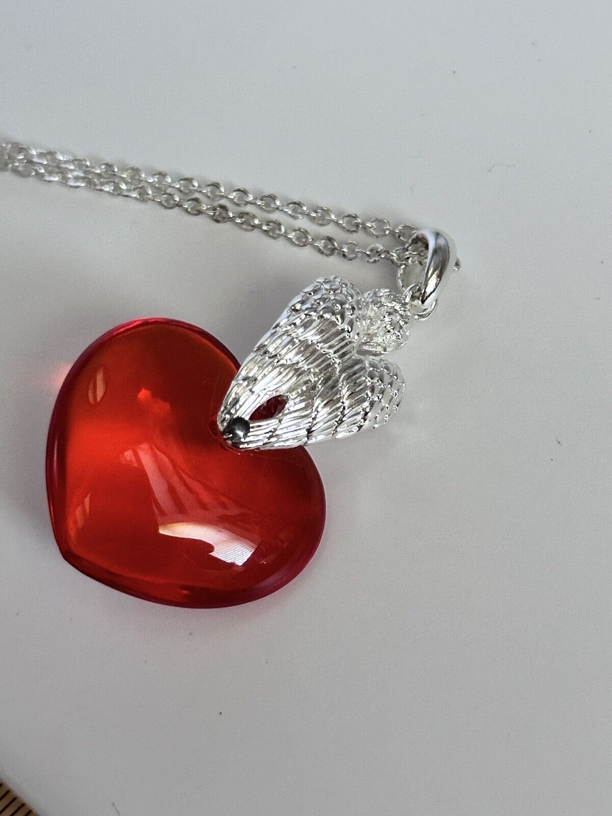 Vintage 1980s Rhodium Plated Cherub Glass Heart Necklace New Old Stock