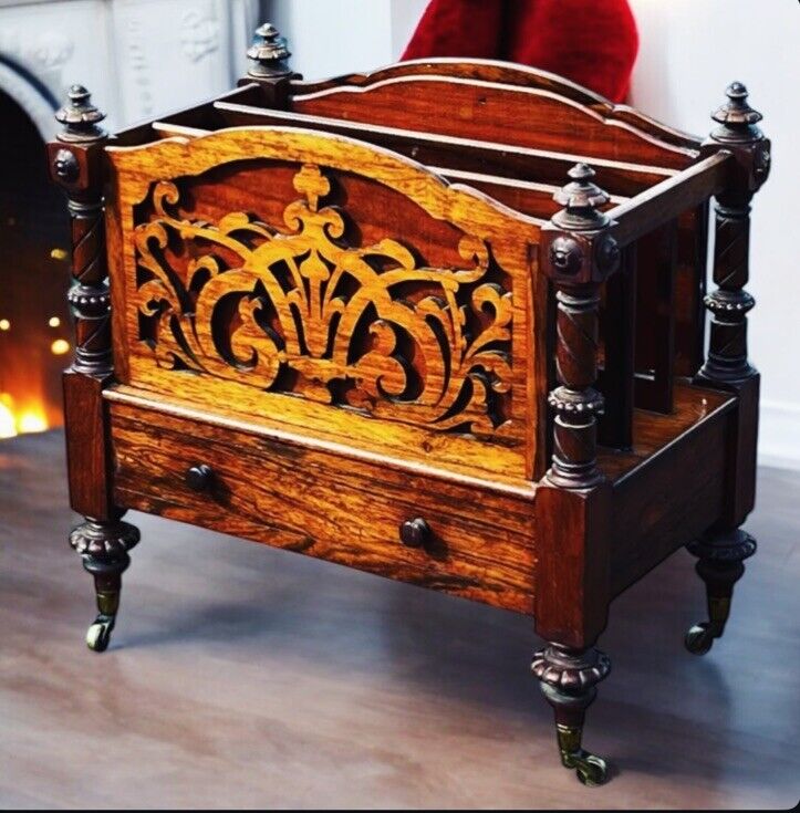 Victorian Rosewood Canterbury Magazine Rack With Drawer On Castors