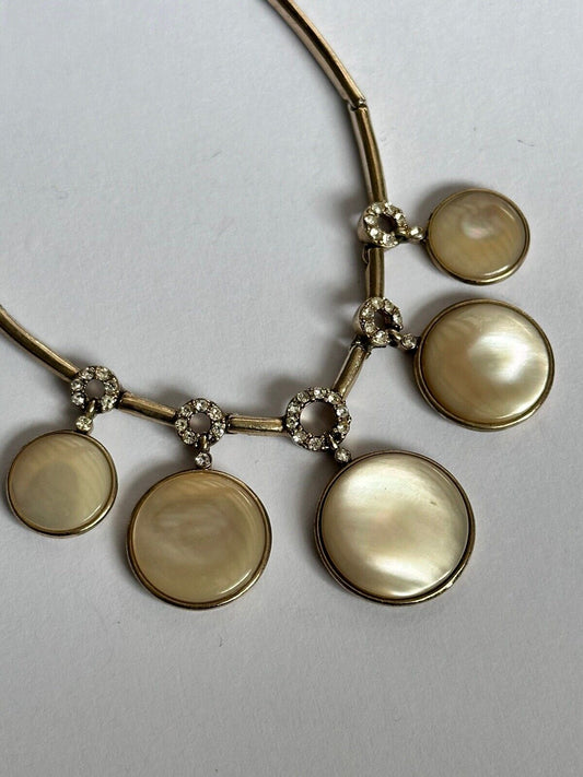 Vintage Monet Gold Tone Mother Pearl Diamanté Necklace