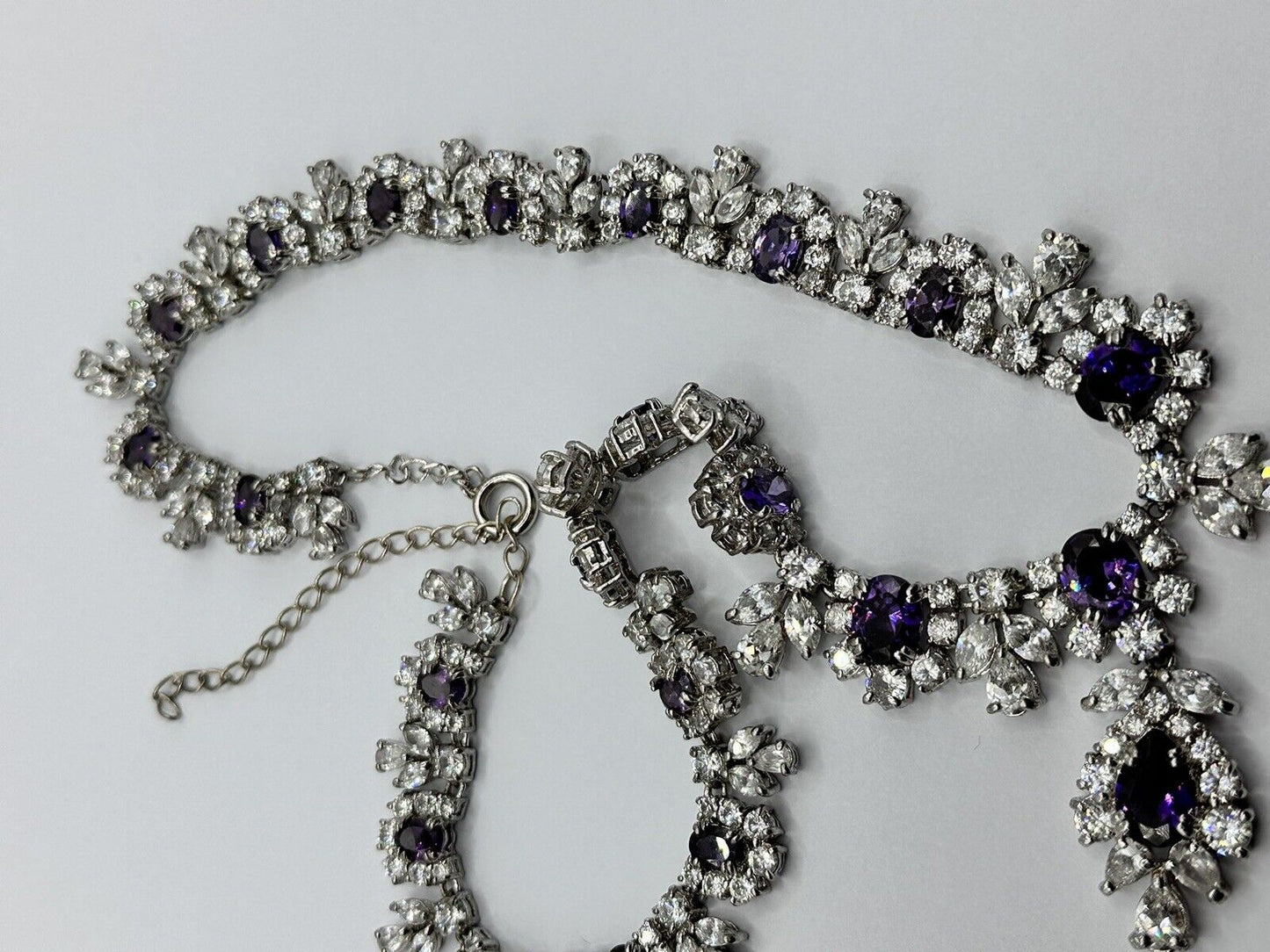 Vintage Statement Purple Clear Diamantés Lavaliere Necklace