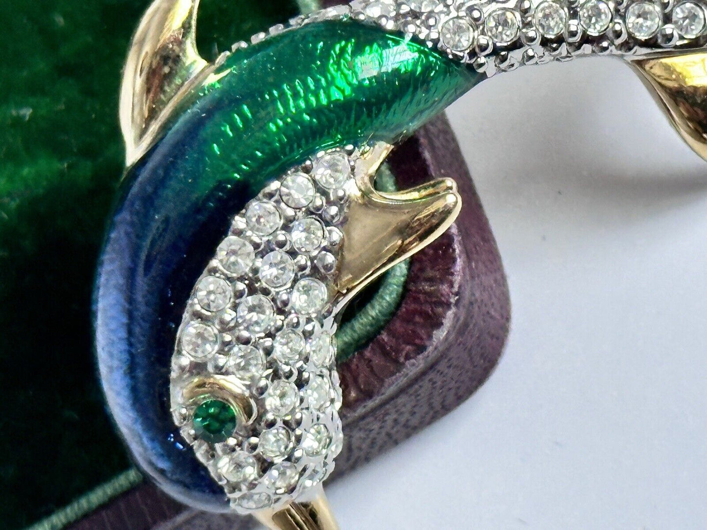 Vintage Gold Plated Blue Green Enamel Diamanté Dolphin Brooch