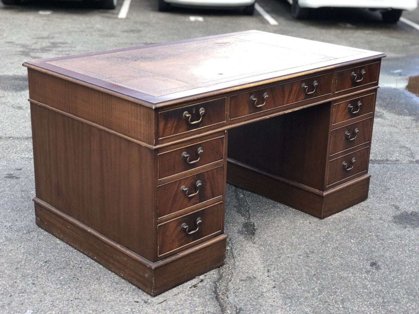 Large Mahogany Veneer Pedestal Desk