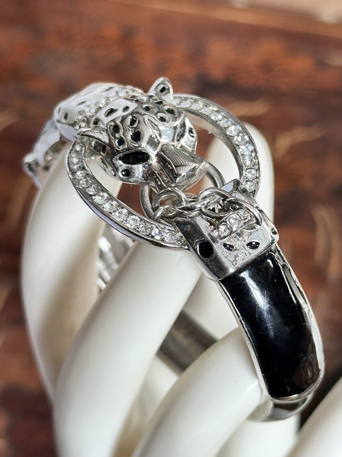 Vintage Silver Tone Leopard Door Knocker Hinged Cuff Bracelet