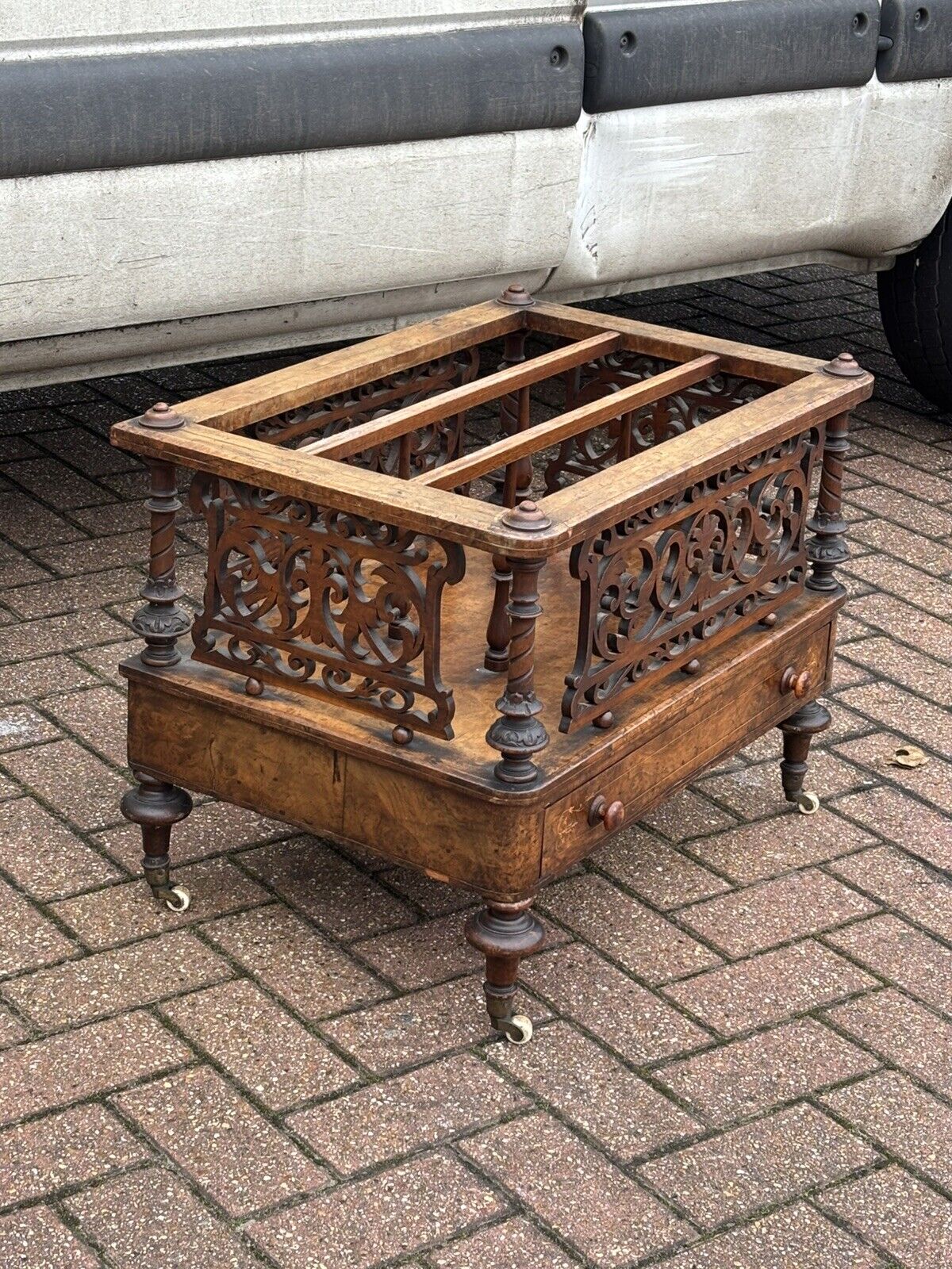 Victorian Walnut Canterbury Magazine Rack With Drawer, White Castors
