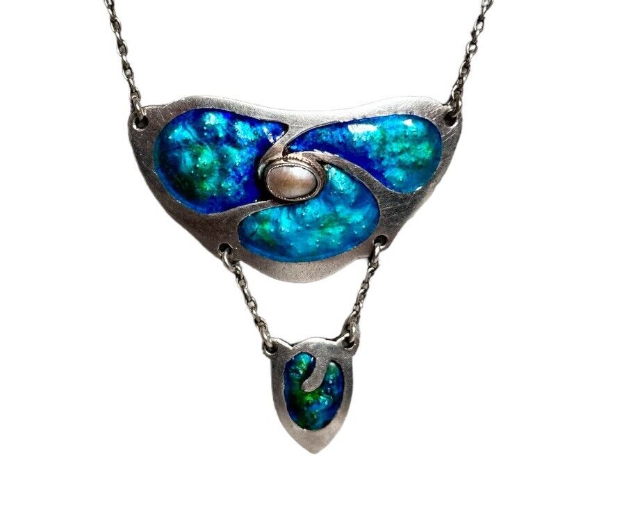 Arts & Crafts Sterling Silver Blue Green Enamel Pearl Lavaliere Necklace