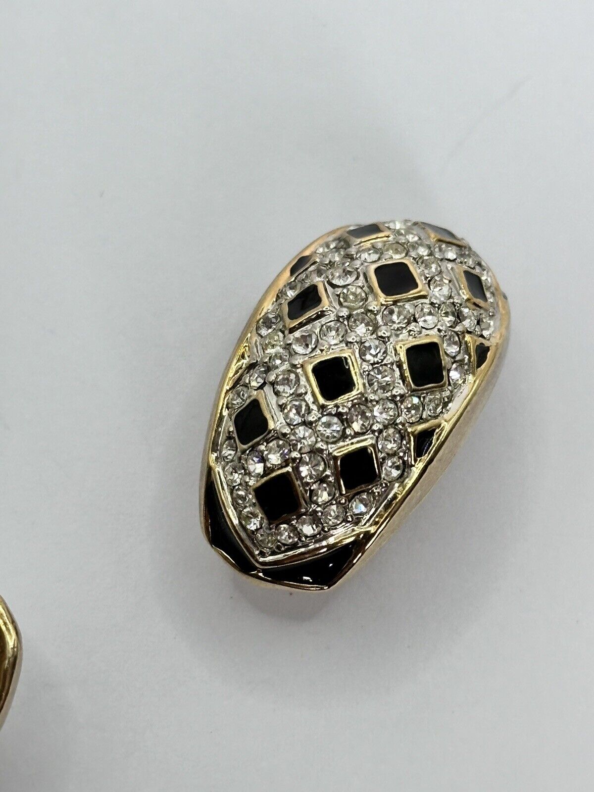 Vintage Gold Plated Black Enamel Diamanté Clip On Earrings