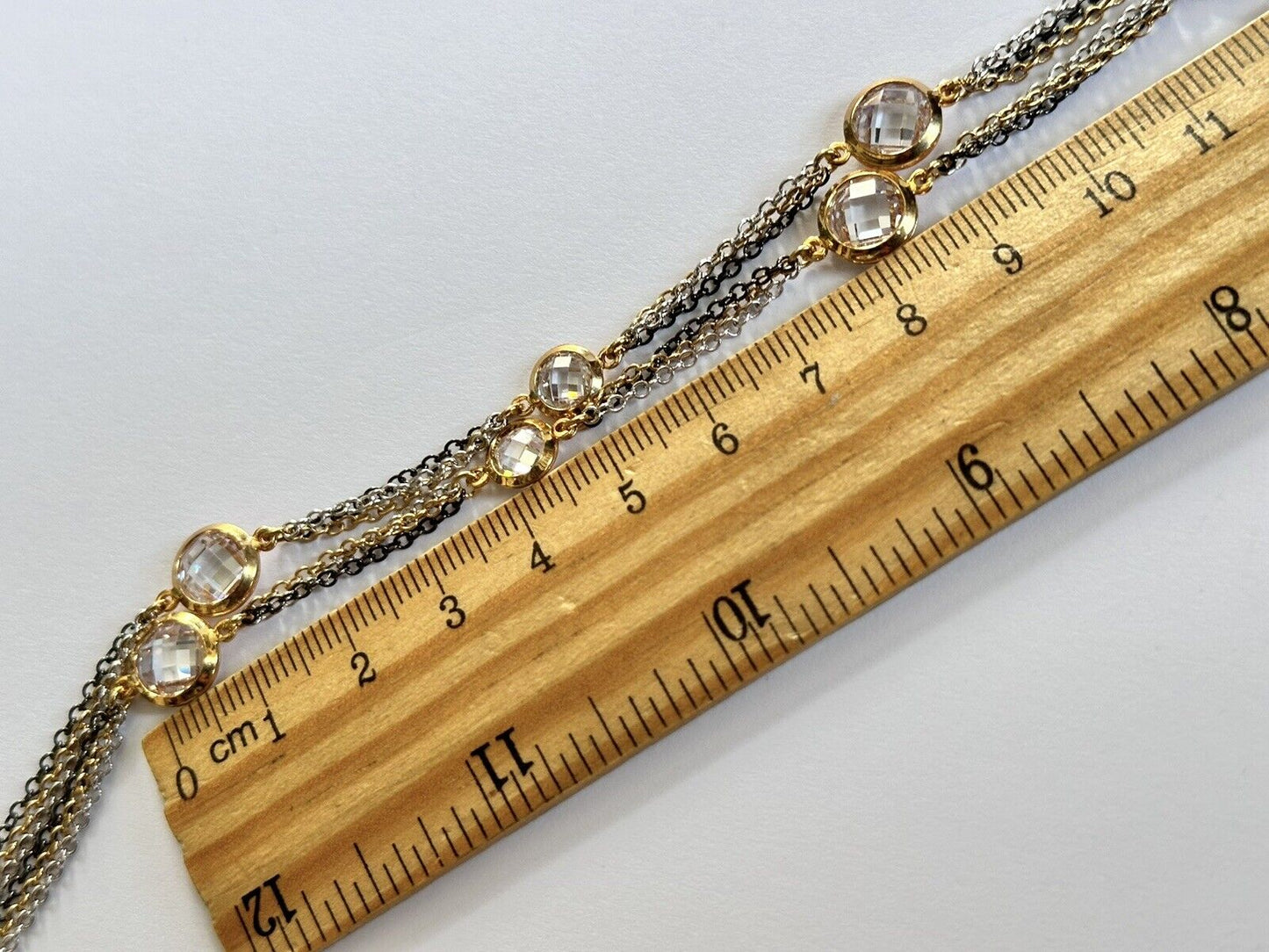 Vintage 3 Tone Metal Chain Crystal Necklace Long Length