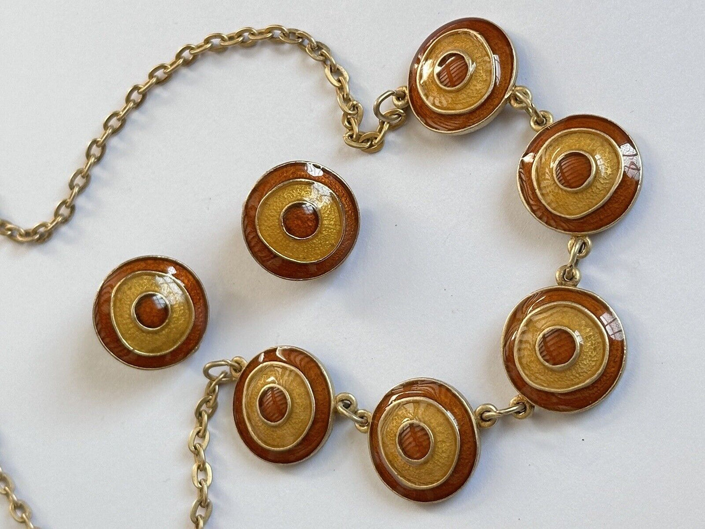 Vintage Enamel Yellow Red Necklace And Earring Set