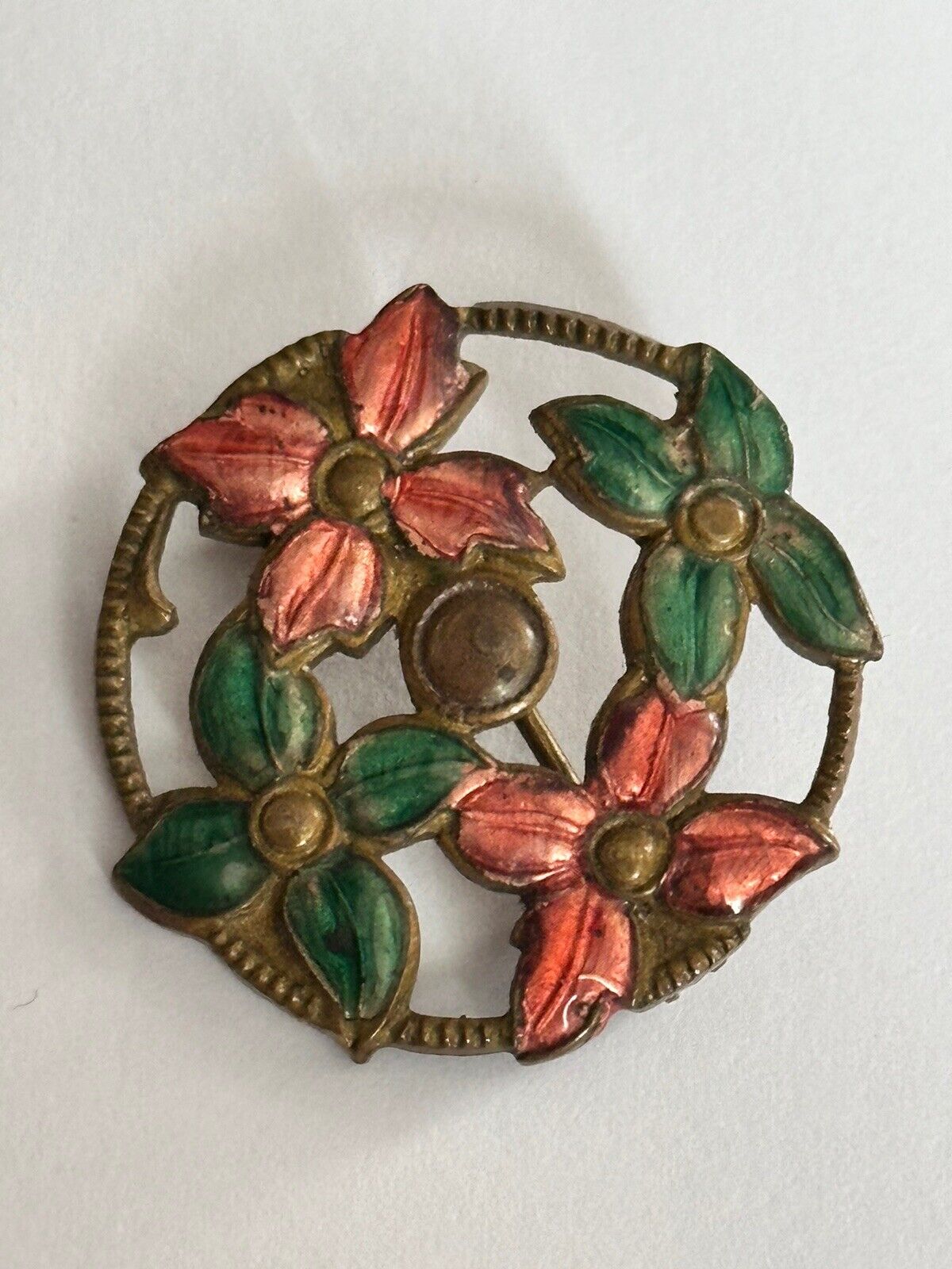 Vintage Early Pink Green Enamel Flowers Brooch
