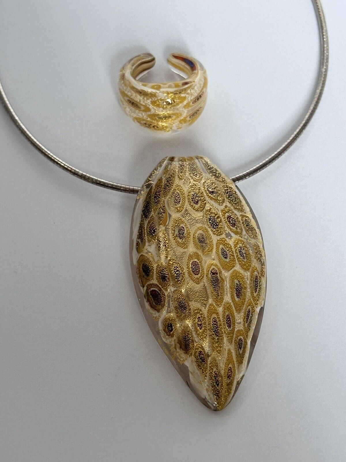 Vintage Gold Murano Glass Pendant On Sterling Silver Chain Matching Ring Set