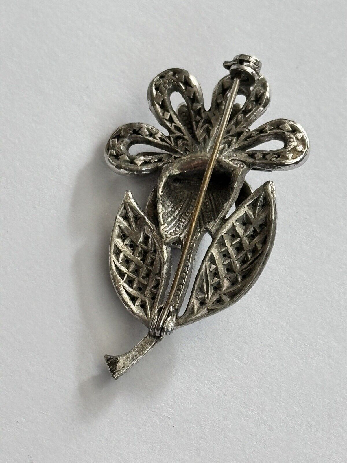 Vintage Silver Tone Marcasite Flower Brooch