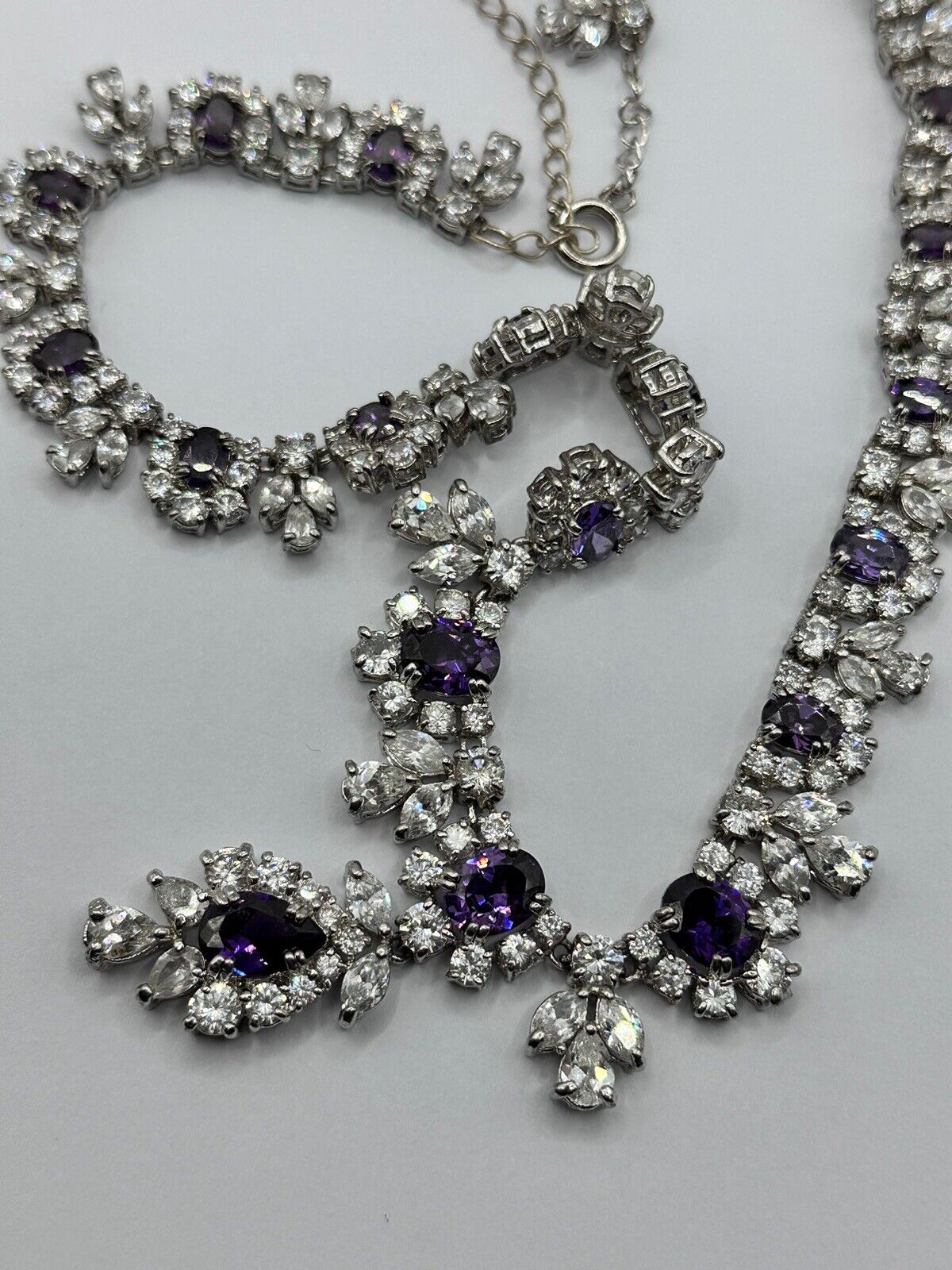 Vintage Statement Purple Clear Diamantés Lavaliere Necklace