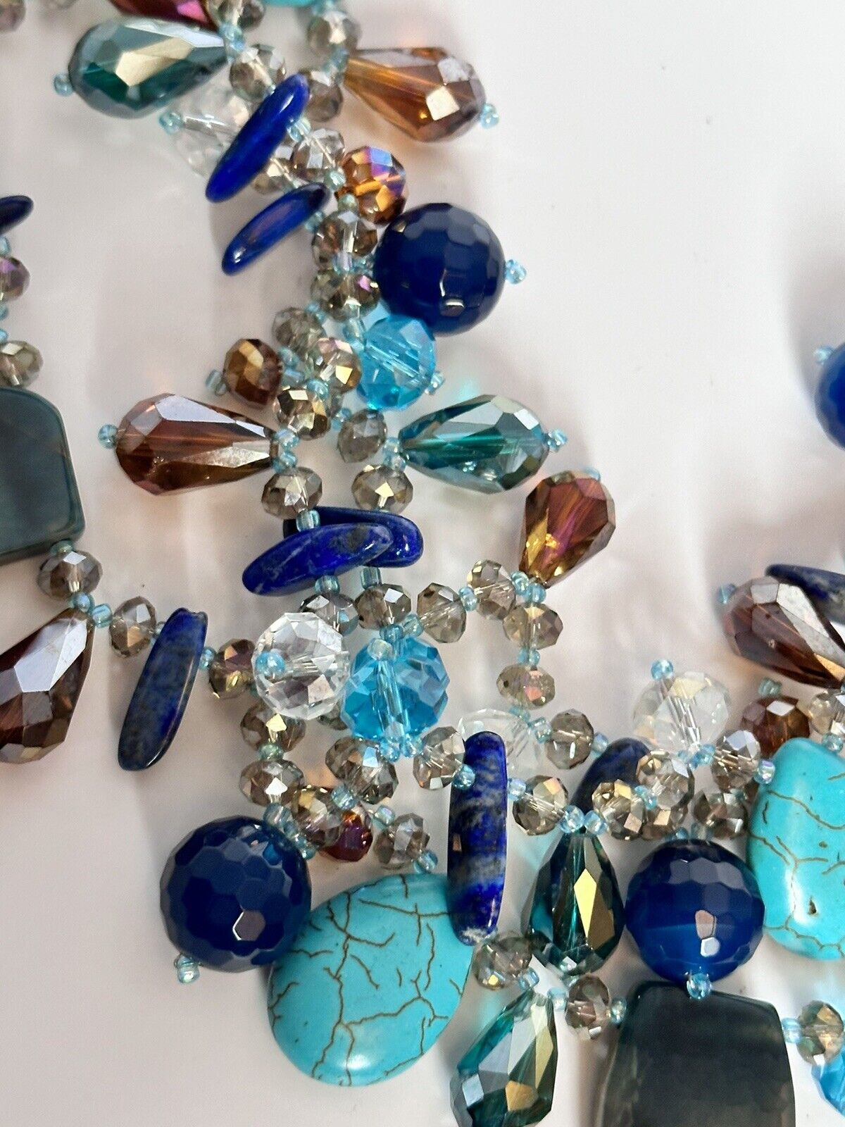 Turquoise Lapis Lazuli Natural Stone Crystal Statement Necklace Silver 925 Clasp