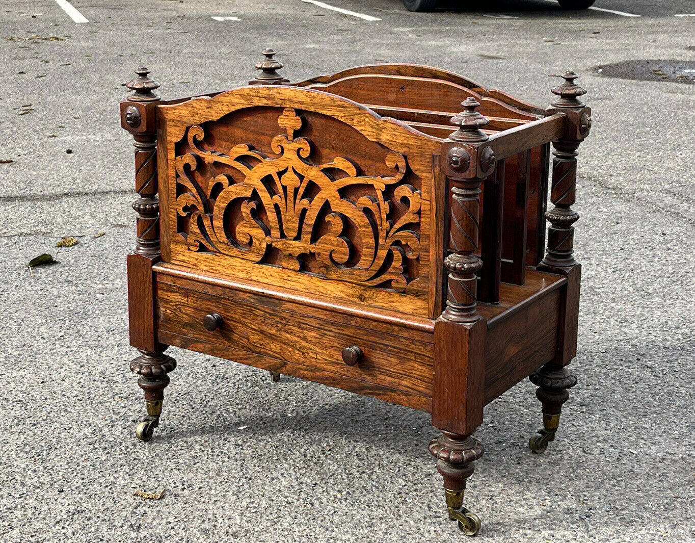 Victorian Rosewood Canterbury Magazine Rack With Drawer On Castors