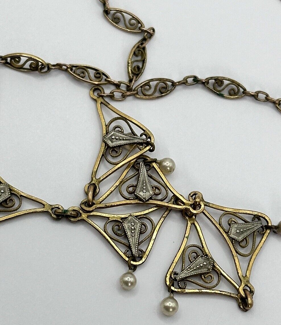 Vintage Gold Silver Tone Cut Out Faux Pearl Drop Necklace