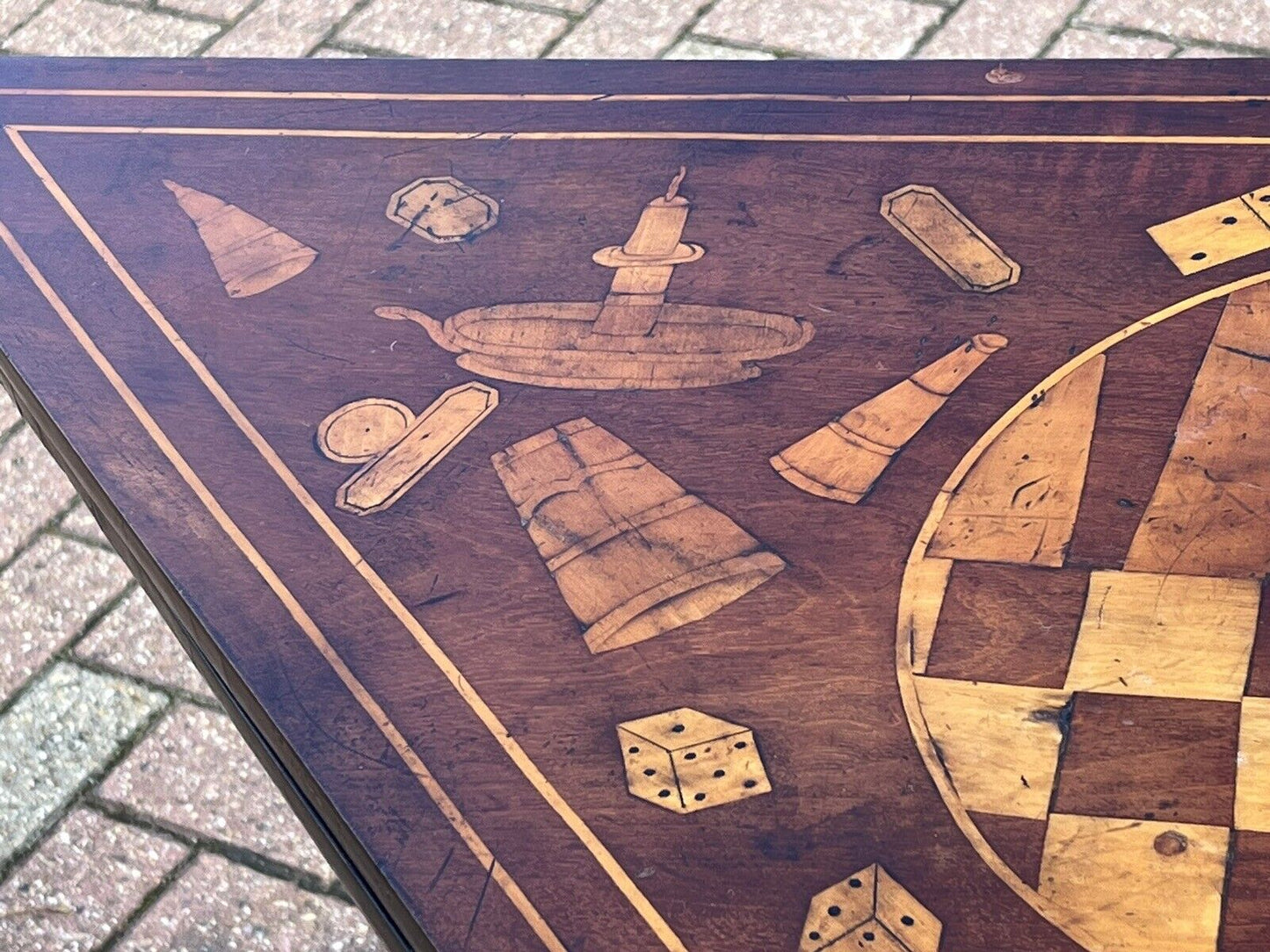 Antique Dutch Marquetry Games Table With Fold Over Lid And Card playing area