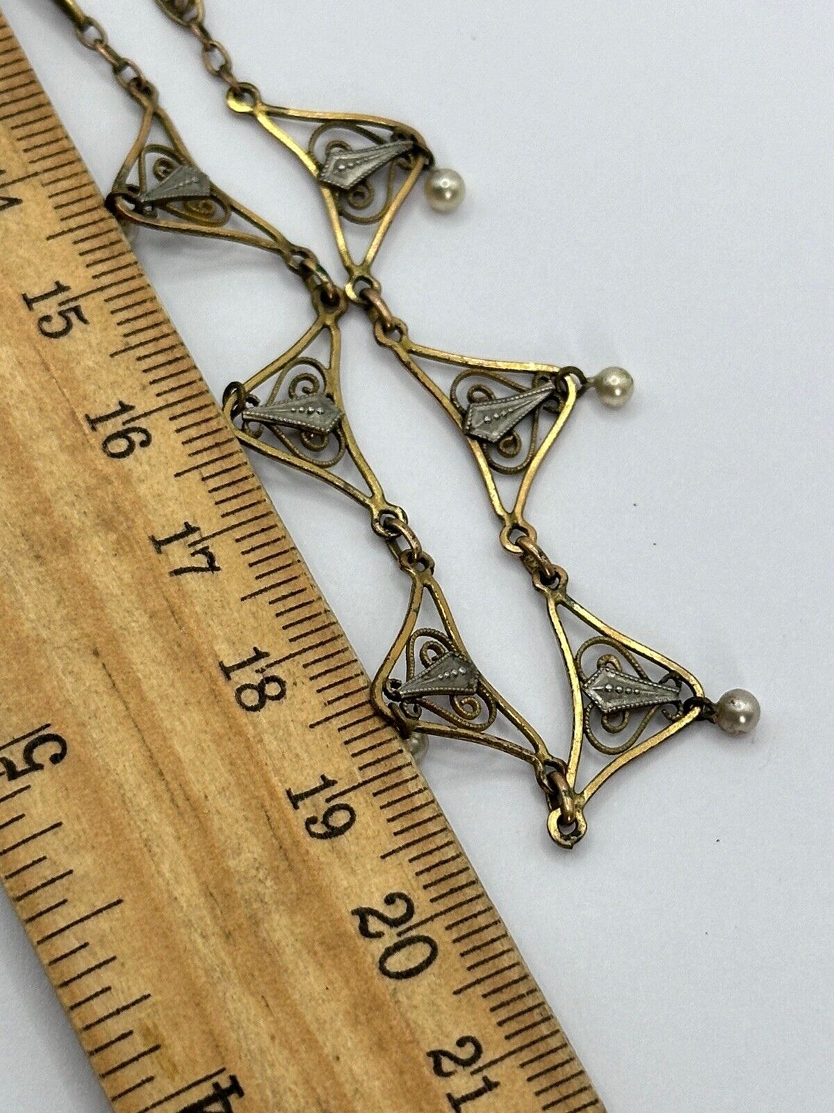 Vintage Gold Silver Tone Cut Out Faux Pearl Drop Necklace