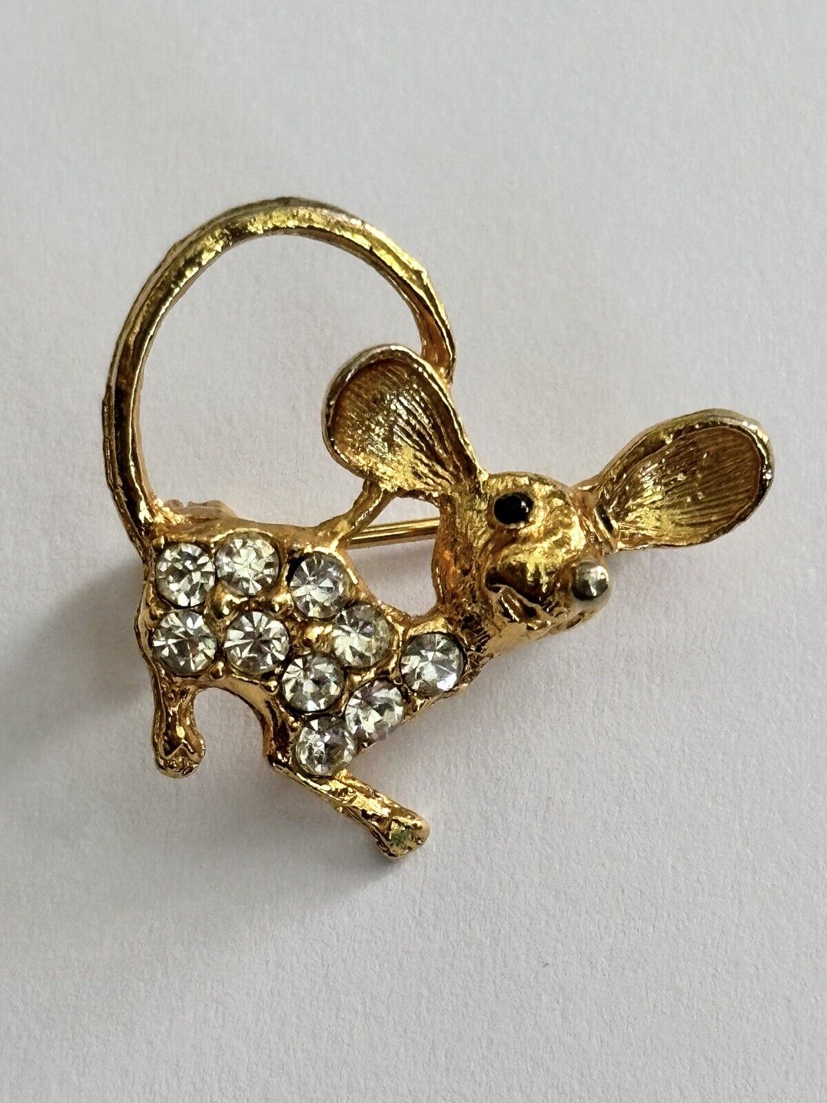 Vintage Gold Tone Diamanté Mouse Brooch