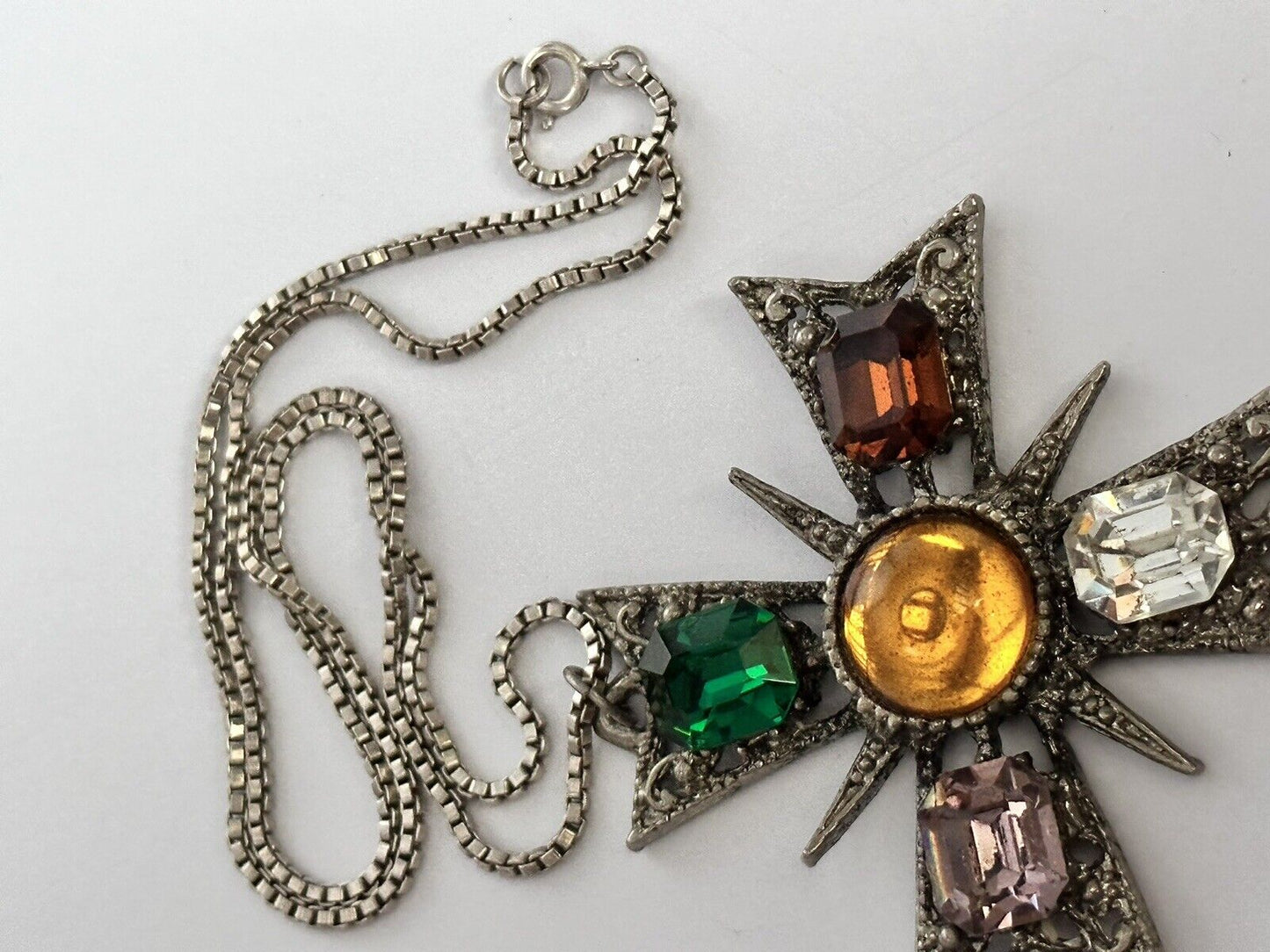 Vintage Maltese Cross Multicoloured Diamantés Pendant On Silver 925 Chain
