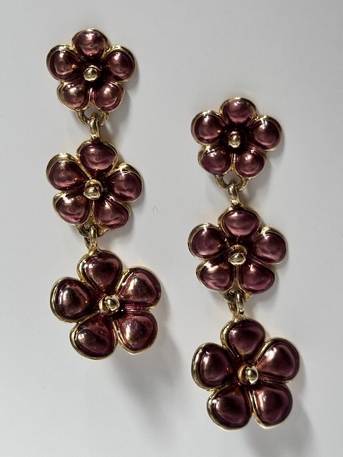 Vintage Gold Tone Enamel Flowers Drop Earrings