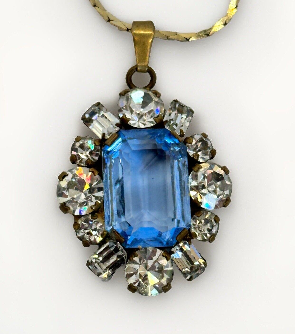 Vintage Blue Clear Paste Necklace Gold Plated Chain