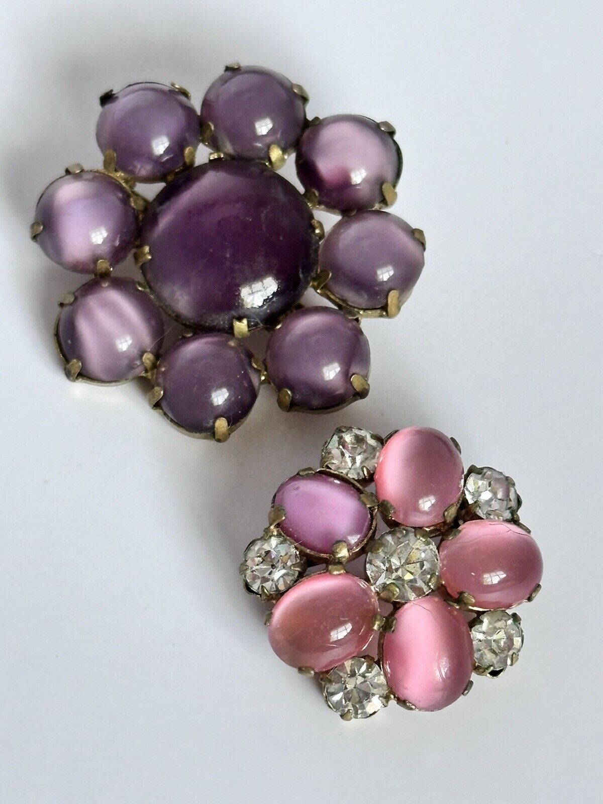 Vintage Purple Pink Satin Stone Flowers Set Of 2 Brooches