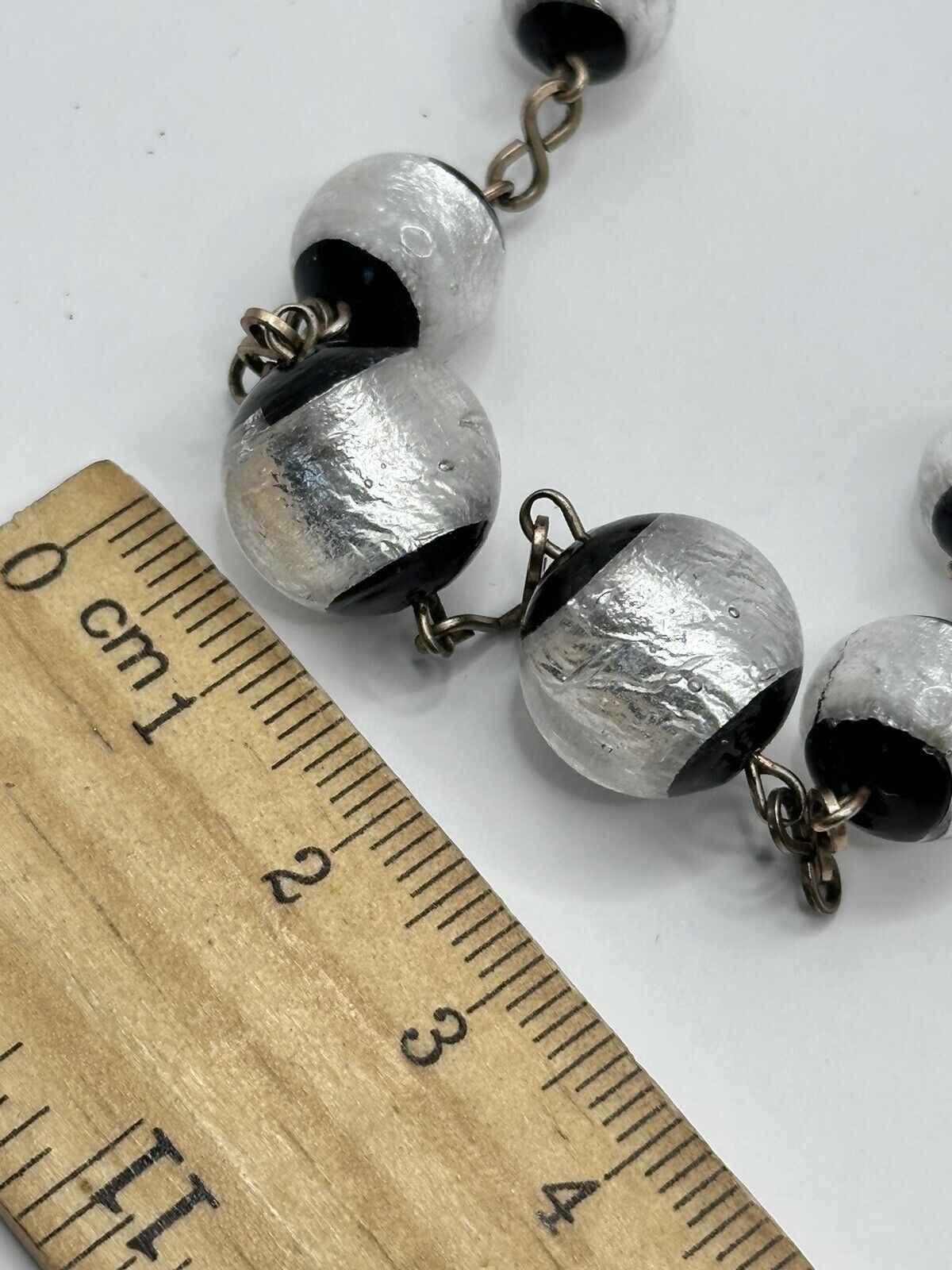 Vintage Deco Foiled Czech Glass Silver Black On Rolled Gold Chain