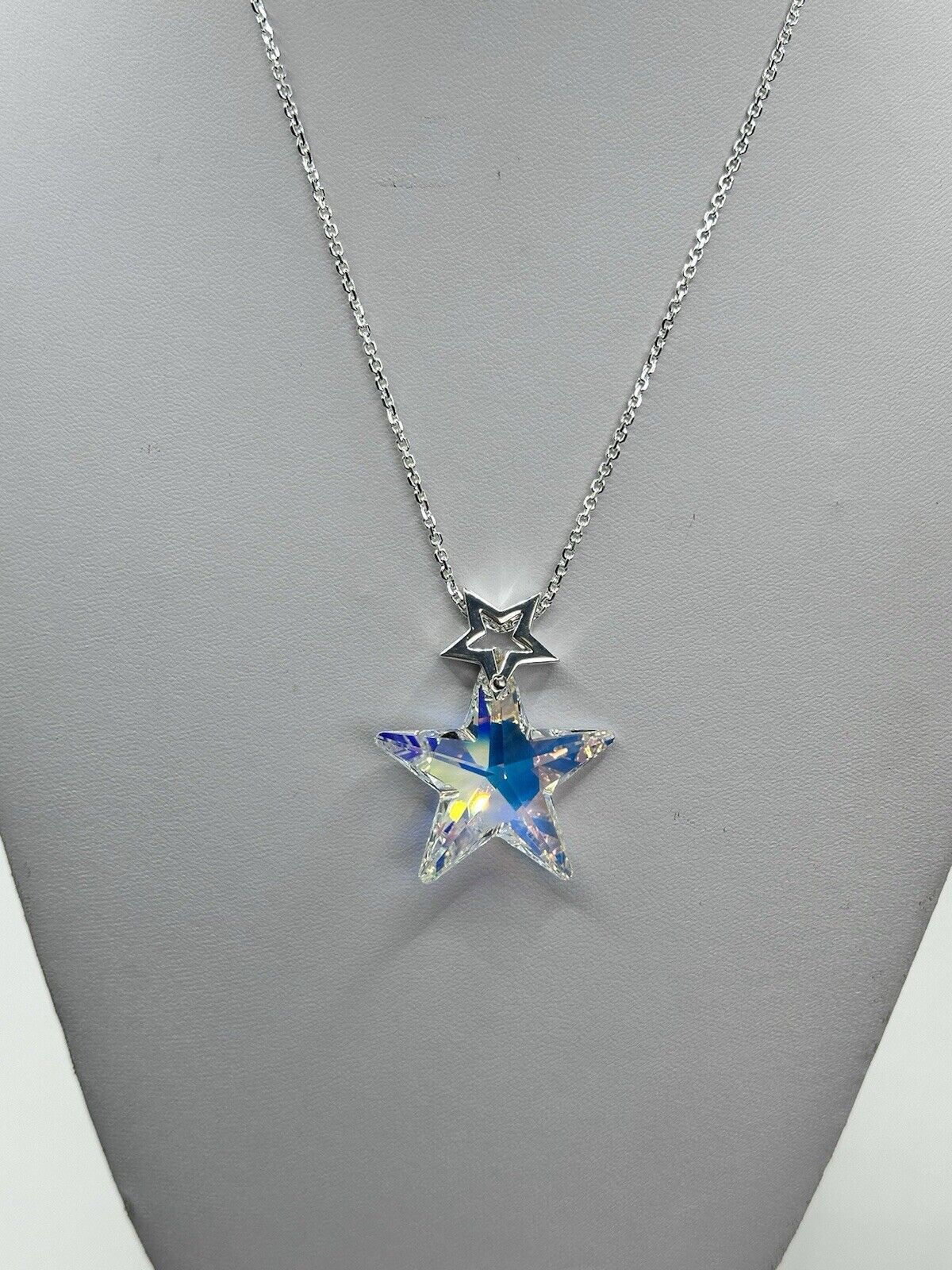 Vintage 1980s Rhodium Plated Aurora Borealis Star Necklace And Earring Set