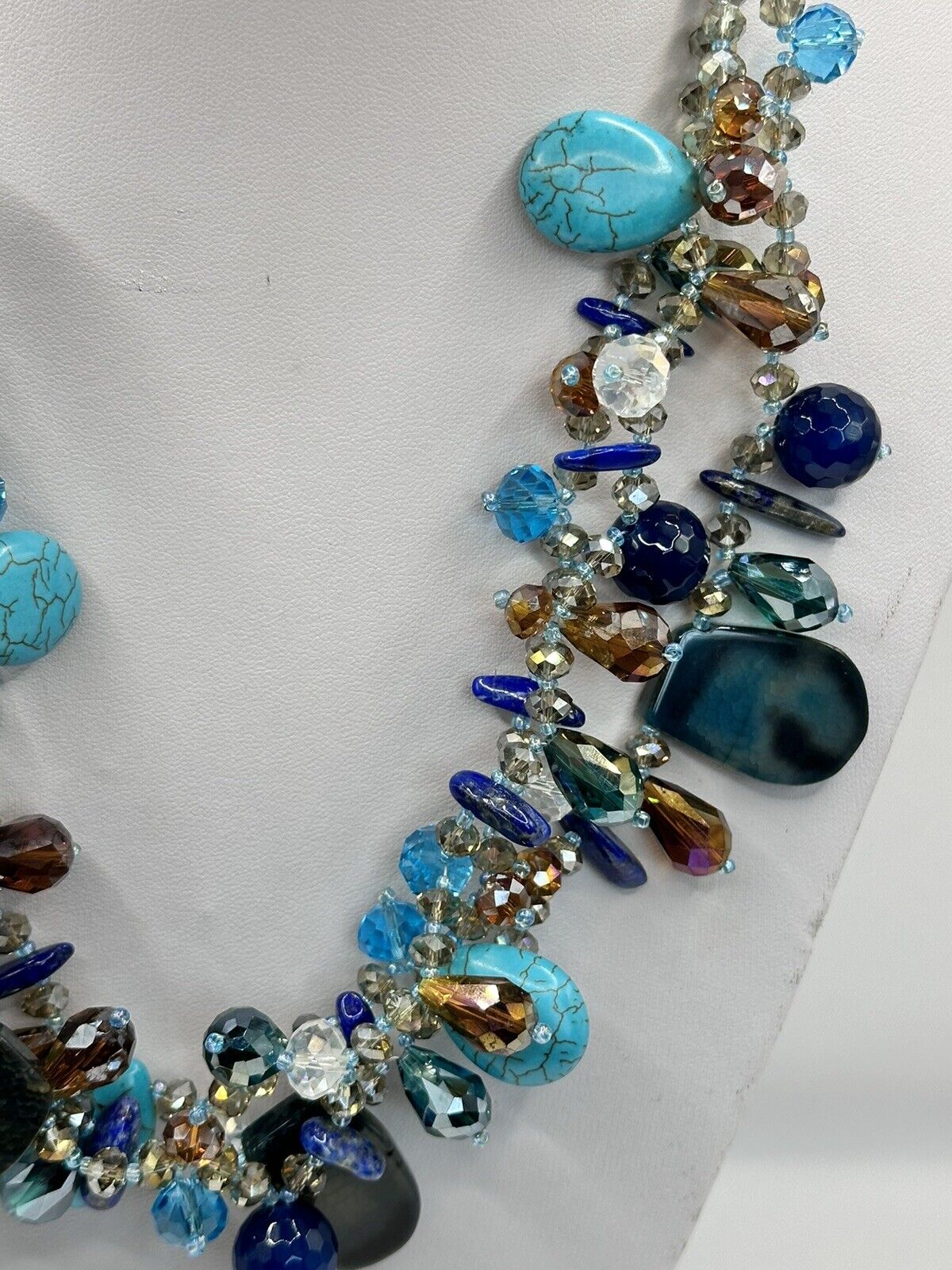 Turquoise Lapis Lazuli Natural Stone Crystal Statement Necklace Silver 925 Clasp