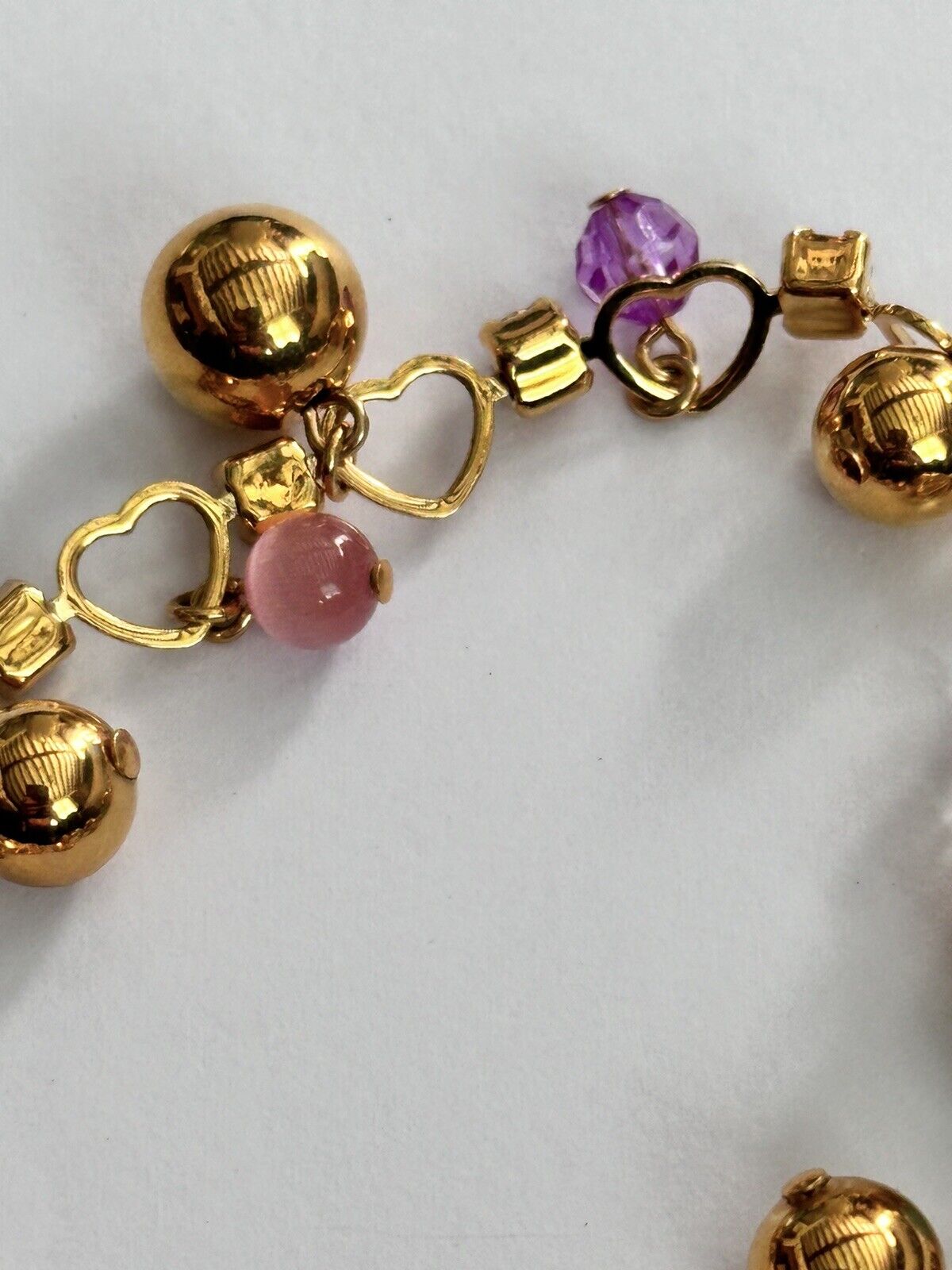 Vintage 1980s Gold Plated Heart Beaded Charm Bracelet New Old Stock